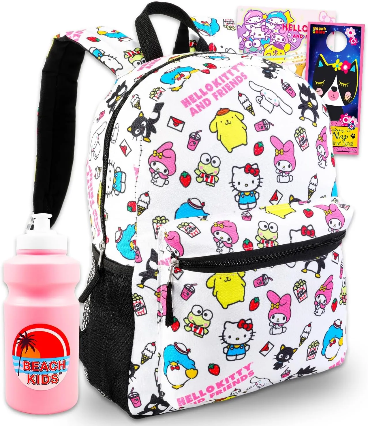 Sanrio Backpack Featuring Tuxedo Sam, My Melody, Badtz-Maru - Bundle with 16” White Sanrio School Backpack Plus Water Bottle, Tattoos, More | Hello Kitty and Friends School Bag
