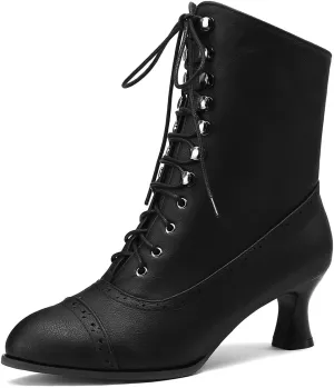 Scaoruki Women Vintage Victorian Boots Mid Calf Lace up