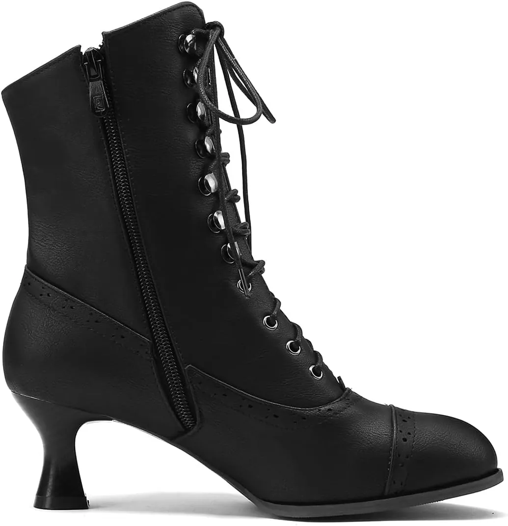 Scaoruki Women Vintage Victorian Boots Mid Calf Lace up