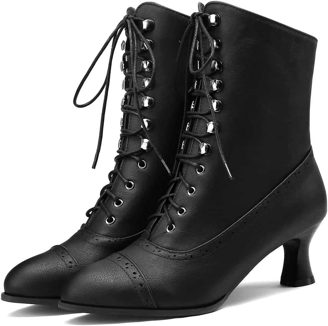 Scaoruki Women Vintage Victorian Boots Mid Calf Lace up