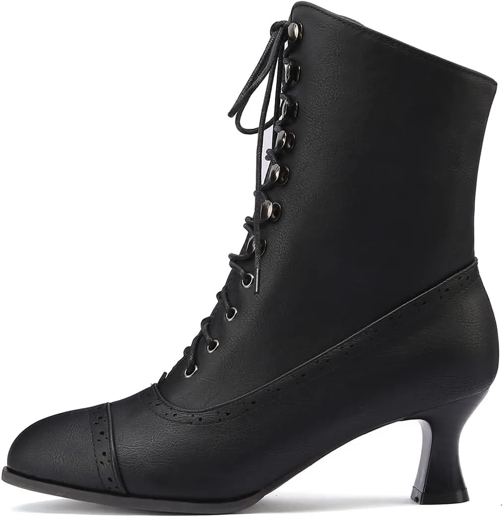 Scaoruki Women Vintage Victorian Boots Mid Calf Lace up