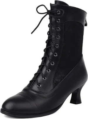 Scaoruki Women Vintage Victorian Boots Mid Calf Lace up