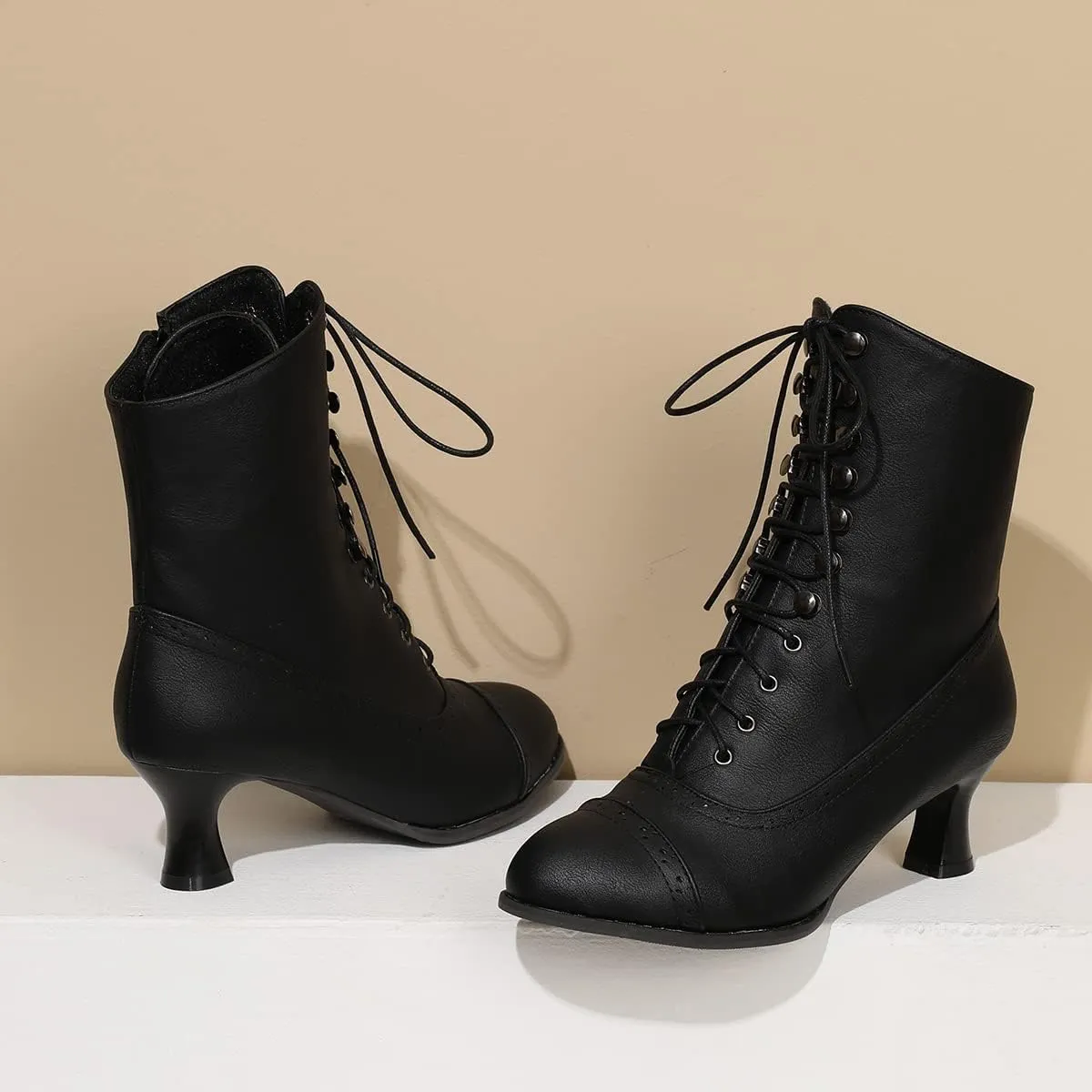 Scaoruki Women Vintage Victorian Boots Mid Calf Lace up
