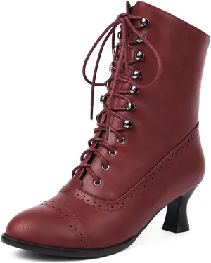 Scaoruki Women Vintage Victorian Boots Mid Calf Lace up