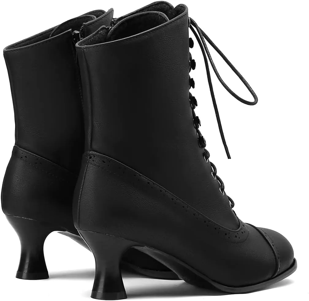 Scaoruki Women Vintage Victorian Boots Mid Calf Lace up