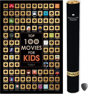 Scratch off Kids Movies Poster - Top 100 Kids Bucket List Map - Large Scratchable Children Cinema Poster - Essential Films Must See Watchlist Chart - Ultimate Movies Watched Challenge Poster Checklist