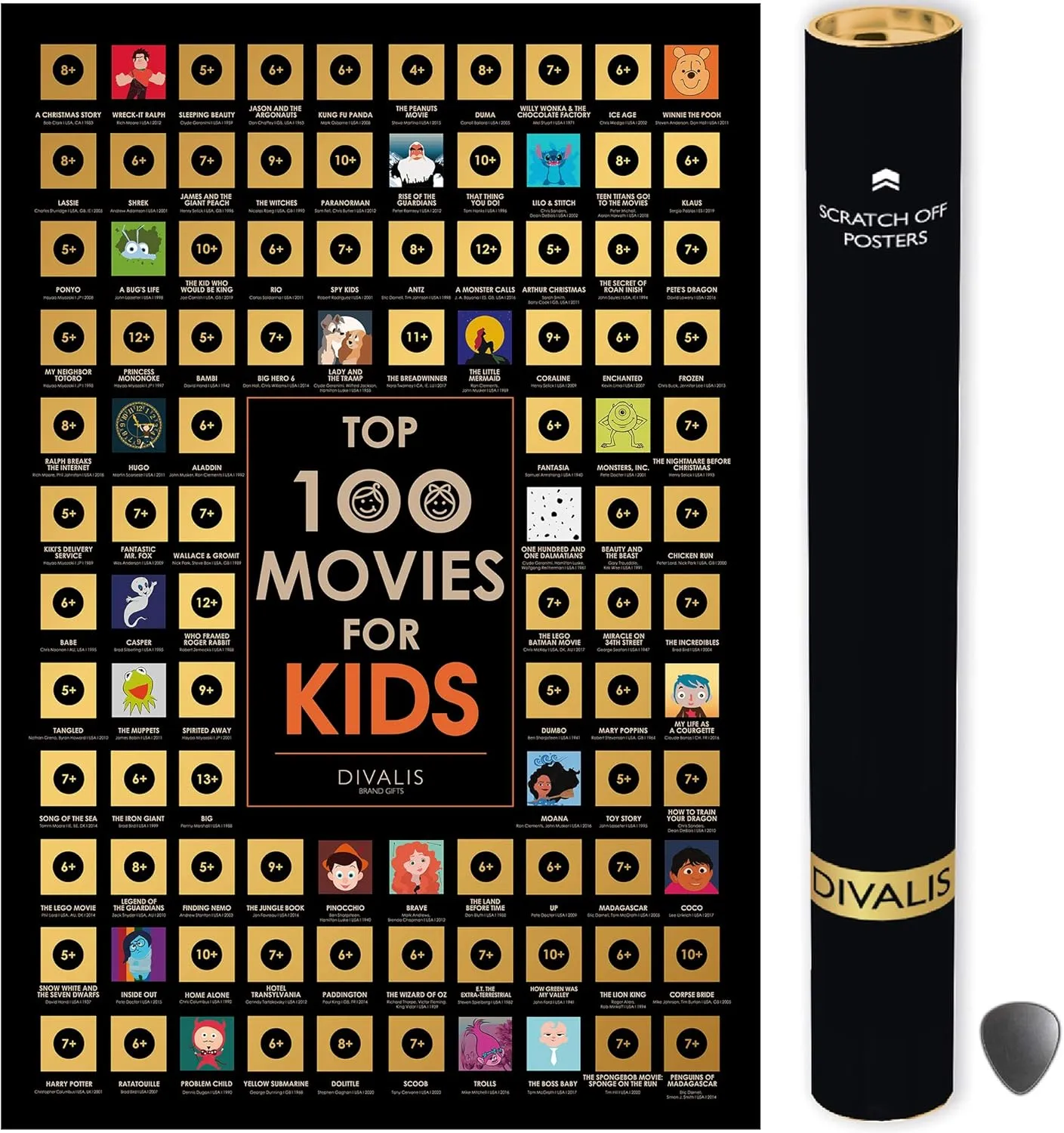 Scratch off Kids Movies Poster - Top 100 Kids Bucket List Map - Large Scratchable Children Cinema Poster - Essential Films Must See Watchlist Chart - Ultimate Movies Watched Challenge Poster Checklist