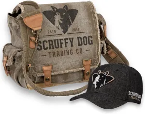 SCRUFFY DOG Pack: Vintage Messenger Bag & Premium Denim Baseball Cap Bundle for Men & Women - Durable Canvas Tote, Laptop & Travel Crossbody Satchel, Hat for Hikers and Bikers