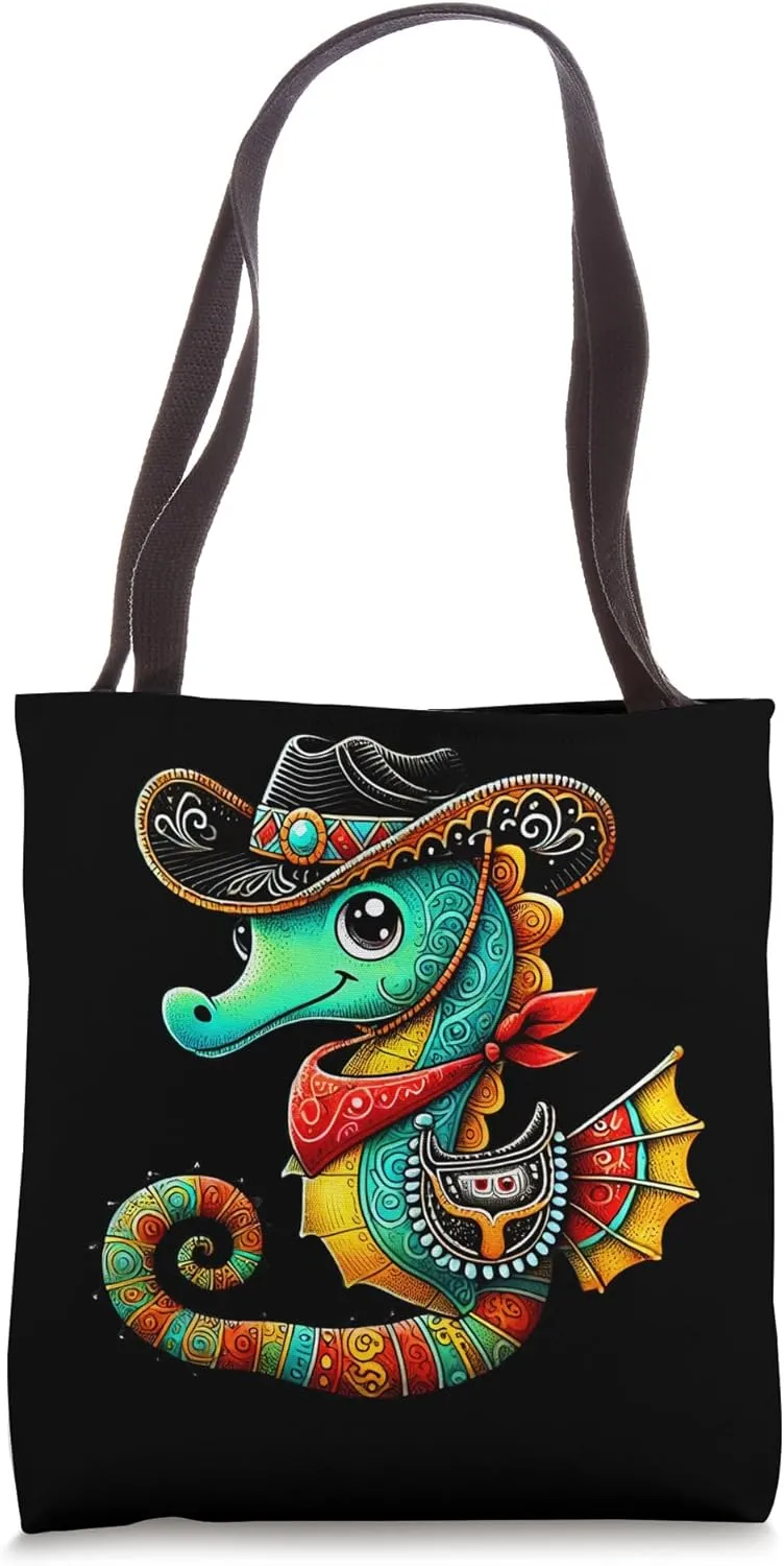 Seahorse Western Cowboy Cowgirl Colorful Seahorse Reef Fish Tote Bag