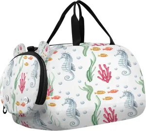 Seahorses Youth Sports & Travel Duffle Bag with Shoe Compartment,Waterproof Gym Bag for Girls and Boys (Overnight Essentials Organizer)