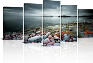 sechars Lake Pictures Wall Art Canvas 5 Panels Colorful Beach Lake Stones Landscape Canvas Painting Lakeside Sunset Artowrk Giclee Prints for Home Bedroom Decorations Framed Ready to Hang