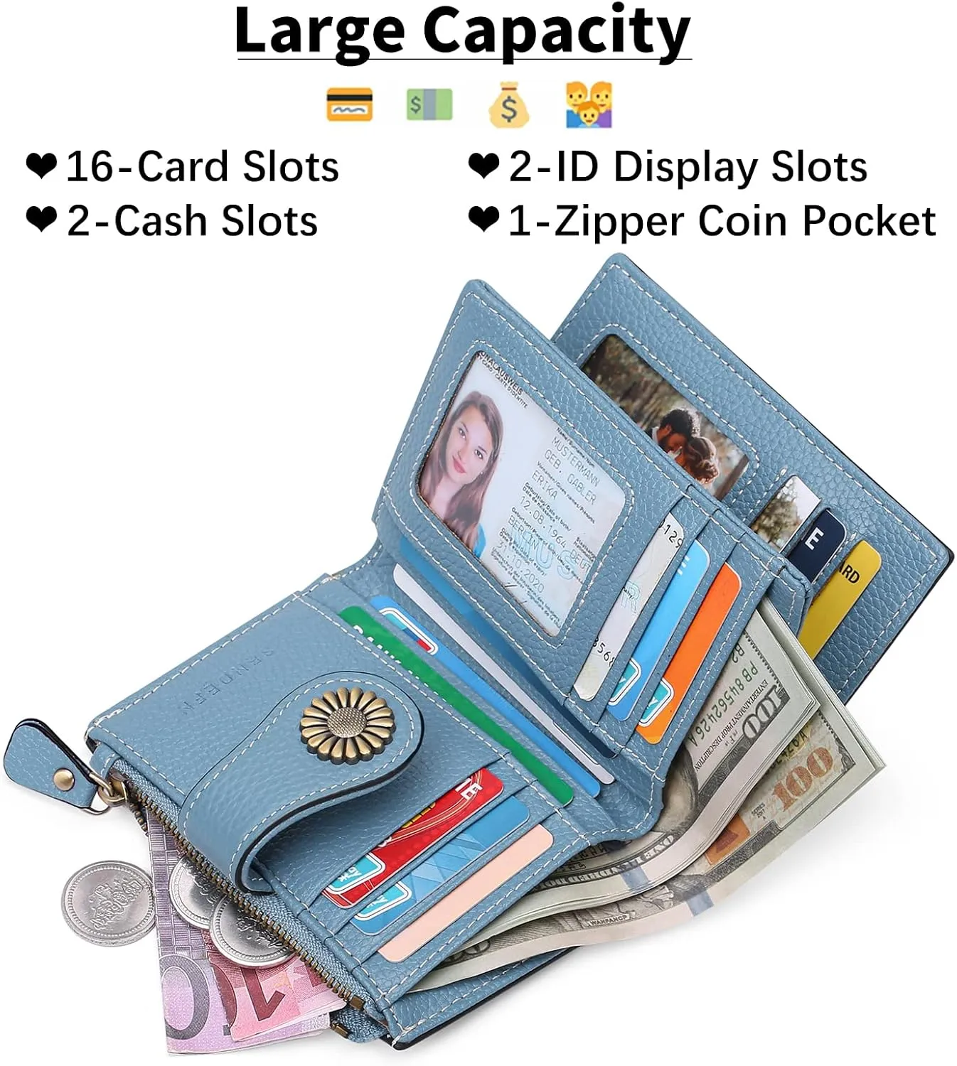 SENDEFN Small Womens Wallet Leather Bifold Card Holder RFID Blocking with Zipper Coin Pocket