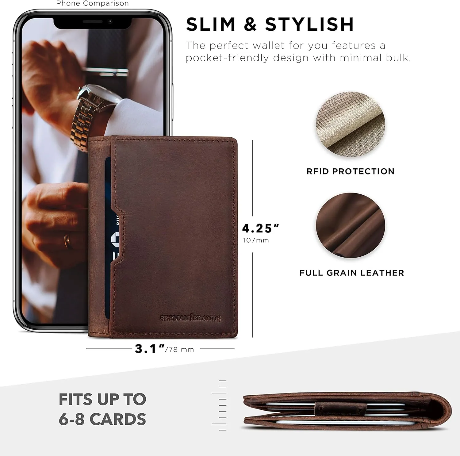SERMAN BRANDS Wallets for Men Slim Mens leather RFID Blocking Minimalist Card Front Pocket Bifold Travel Thin