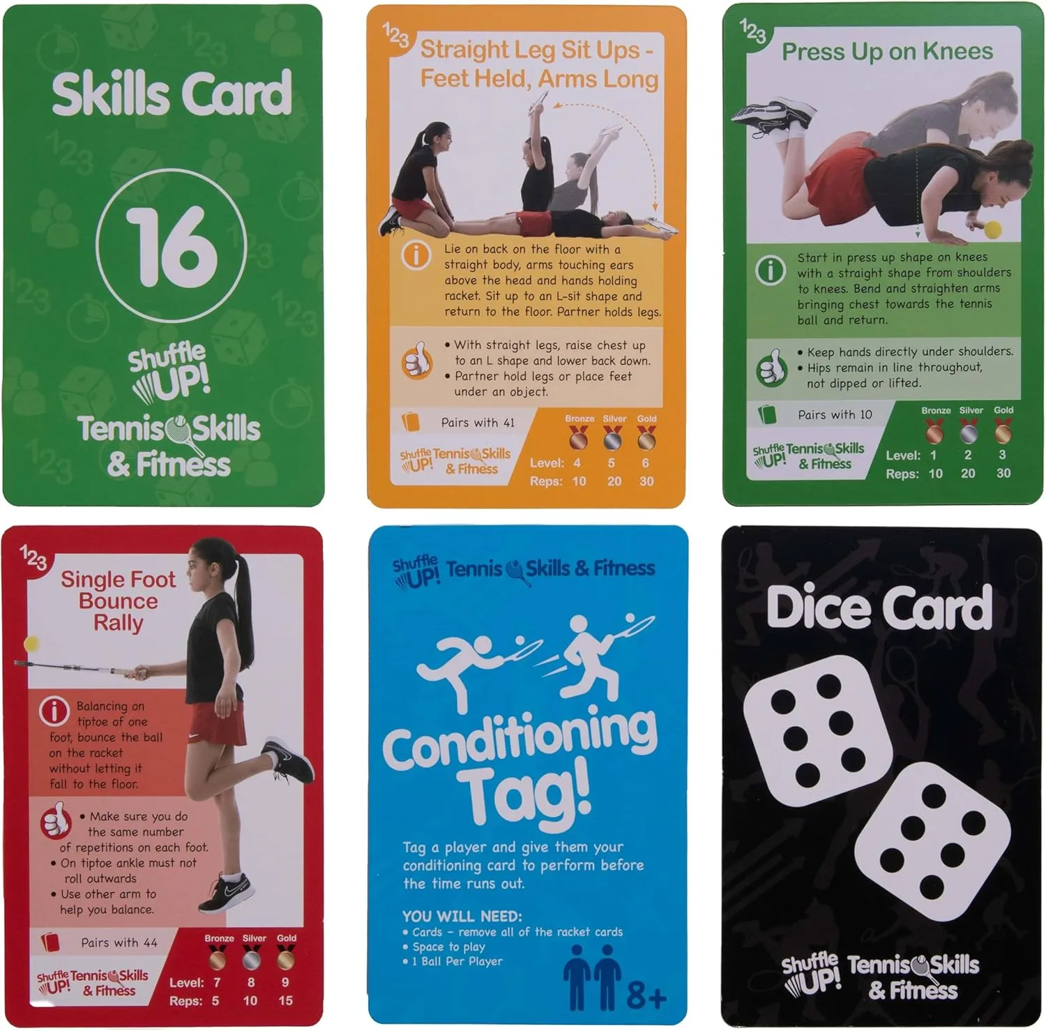 Shuffle Up Tennis Card Games - 70  Fun & Active Skills Cards for Kids, Fitness Cards Develop Fundamentals, Stamina & Strength, Easy to Play for Kids | Multiple Skill Level Cards Include 2 Dices