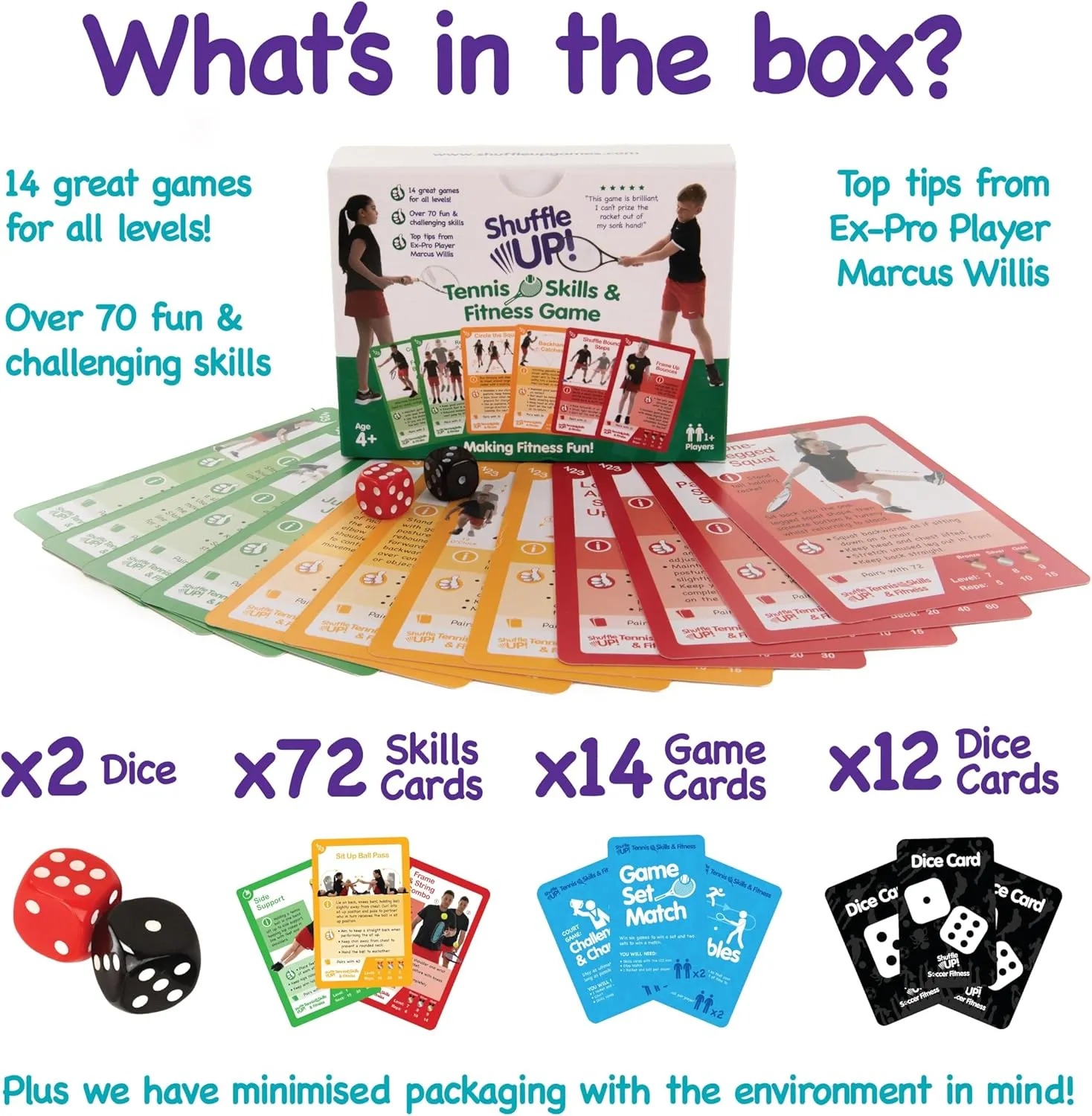 Shuffle Up Tennis Card Games - 70  Fun & Active Skills Cards for Kids, Fitness Cards Develop Fundamentals, Stamina & Strength, Easy to Play for Kids | Multiple Skill Level Cards Include 2 Dices