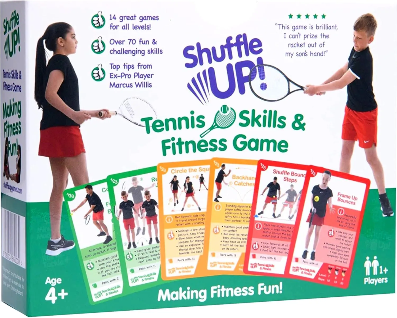 Shuffle Up Tennis Card Games - 70  Fun & Active Skills Cards for Kids, Fitness Cards Develop Fundamentals, Stamina & Strength, Easy to Play for Kids | Multiple Skill Level Cards Include 2 Dices