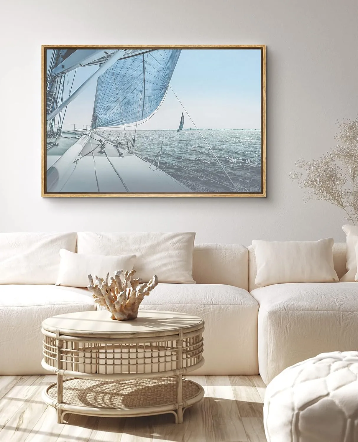 SIGNFORD Framed Canvas Print Wall Art Sailboat with Boats on Horizon Marine Life Waterfall Photography Realism Nautical Scenic Colorful Blue for Living Room, Bedroom, Office - 24"x36" Natural