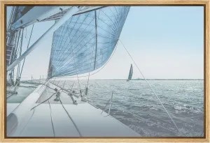 SIGNFORD Framed Canvas Print Wall Art Sailboat with Boats on Horizon Marine Life Waterfall Photography Realism Nautical Scenic Colorful Blue for Living Room, Bedroom, Office - 24"x36" Natural