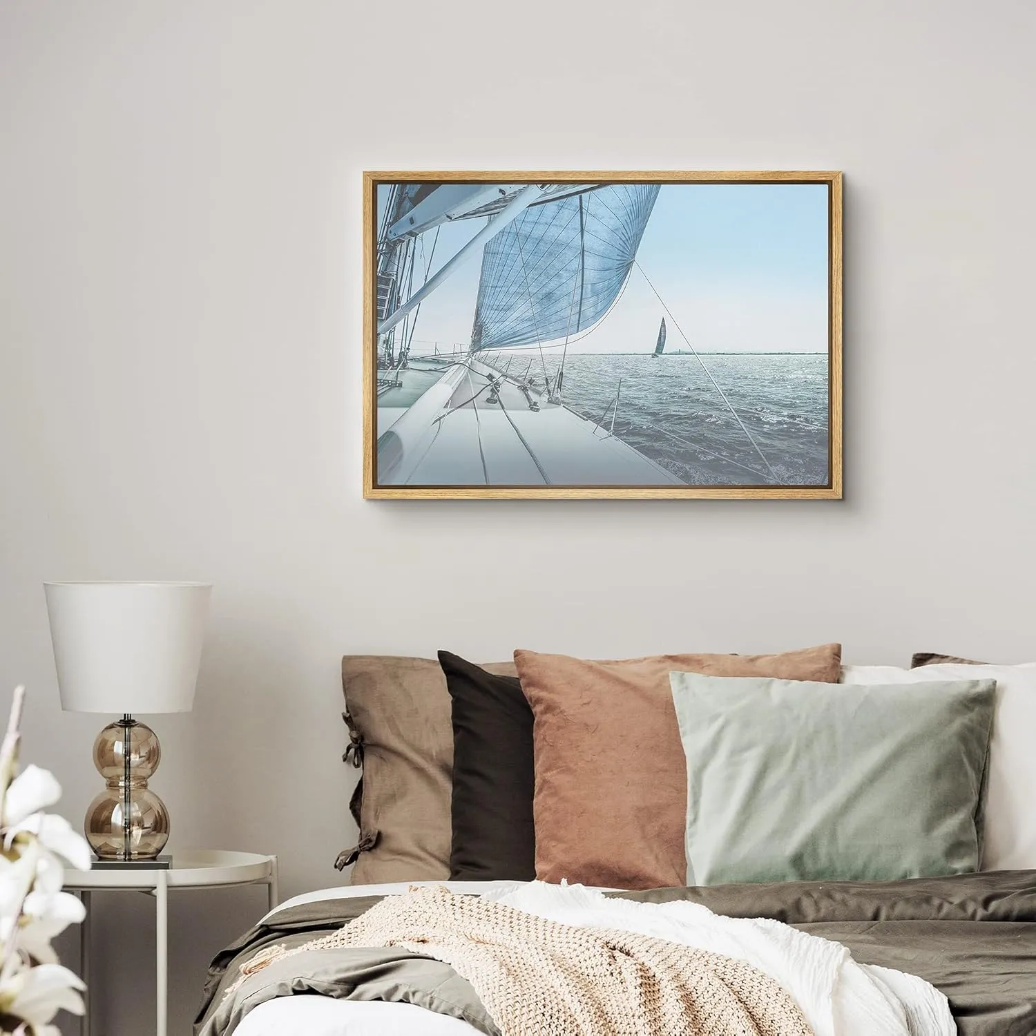 SIGNFORD Framed Canvas Print Wall Art Sailboat with Boats on Horizon Marine Life Waterfall Photography Realism Nautical Scenic Colorful Blue for Living Room, Bedroom, Office - 24"x36" Natural