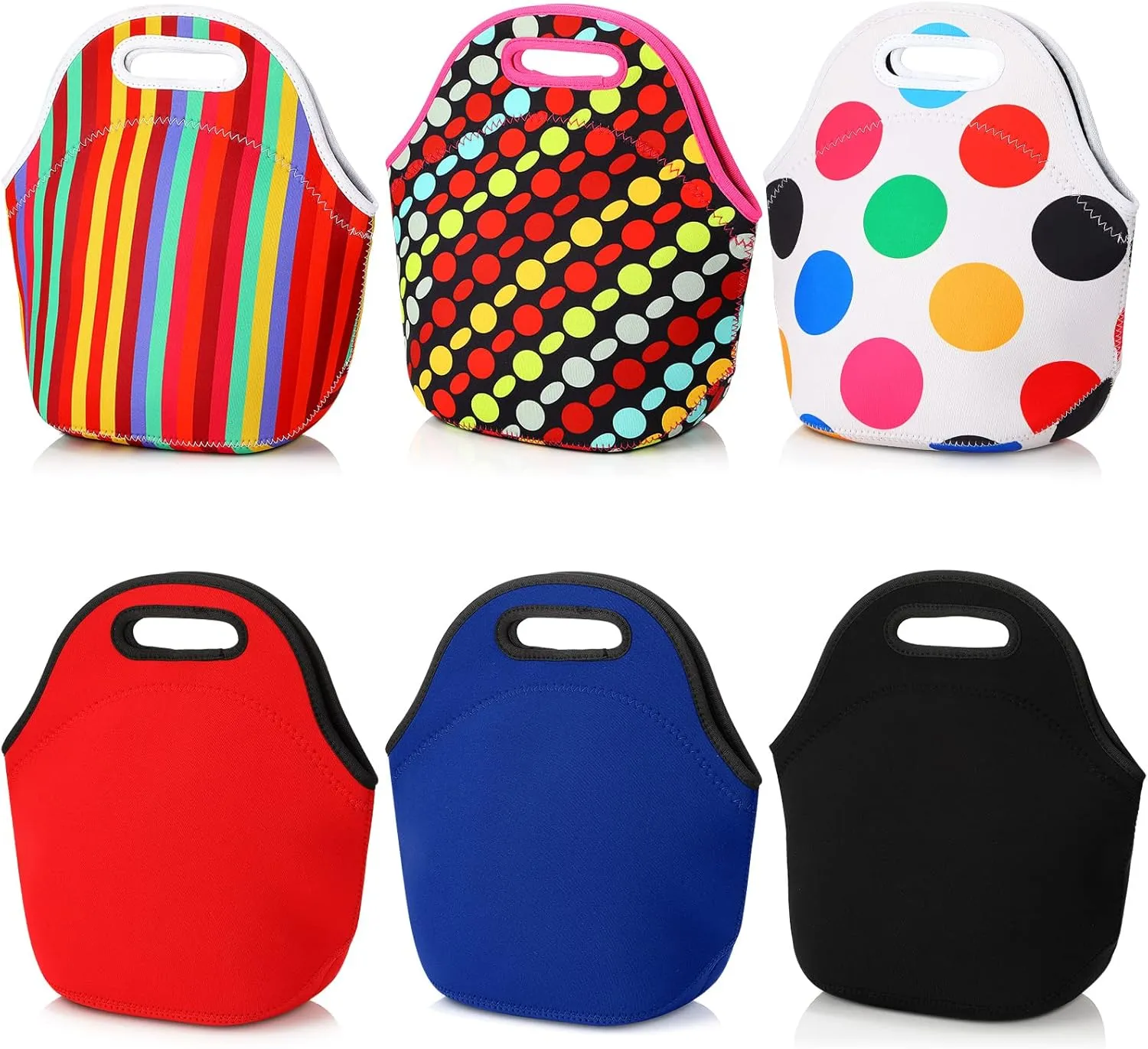 Silkfly 6 Pcs Neoprene Insulated Lunch Bag Reusable Tote Bag with Zipper 11.4 x 11.4 x 6.3 Inch for Kids Women Work School Outdoor Travel Picnic Office