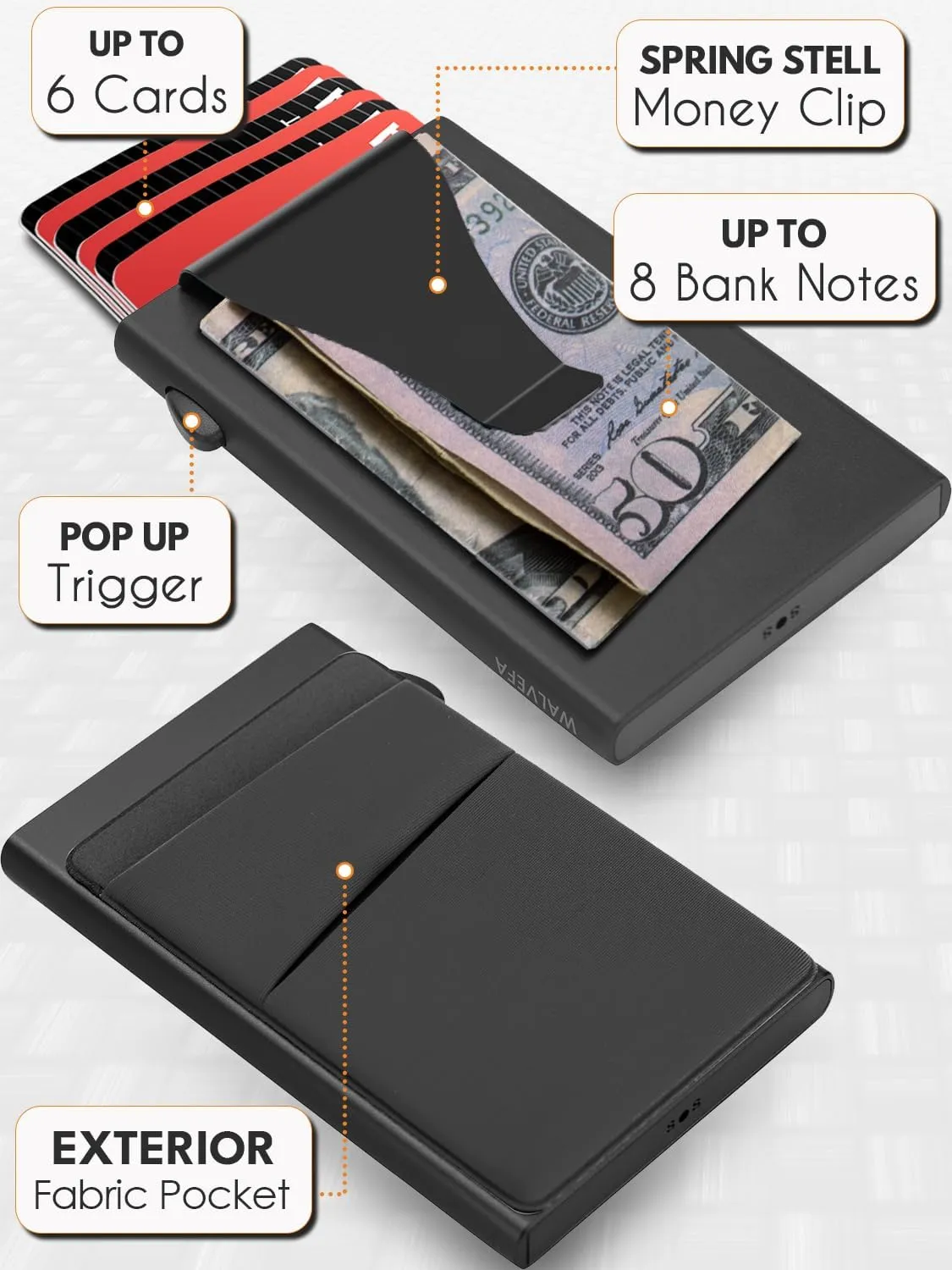 Slim Wallet for Men, Pop Up Card Holder Wallet RFID Blocking, Minimalist Metal Bussiness Credit Card Wallet with Money Clip & Pockets, Aluminum Thin Front Pocket Wallet (Black)