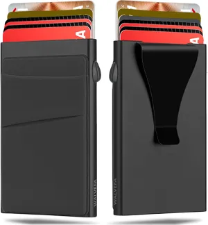Slim Wallet for Men, Pop Up Card Holder Wallet RFID Blocking, Minimalist Metal Bussiness Credit Card Wallet with Money Clip & Pockets, Aluminum Thin Front Pocket Wallet (Black)