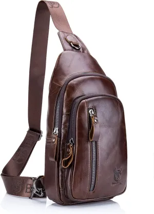 Sling Bag, Leather Chest Bag Crossbody Shoulder Business Backpack Outdoor Coffee
