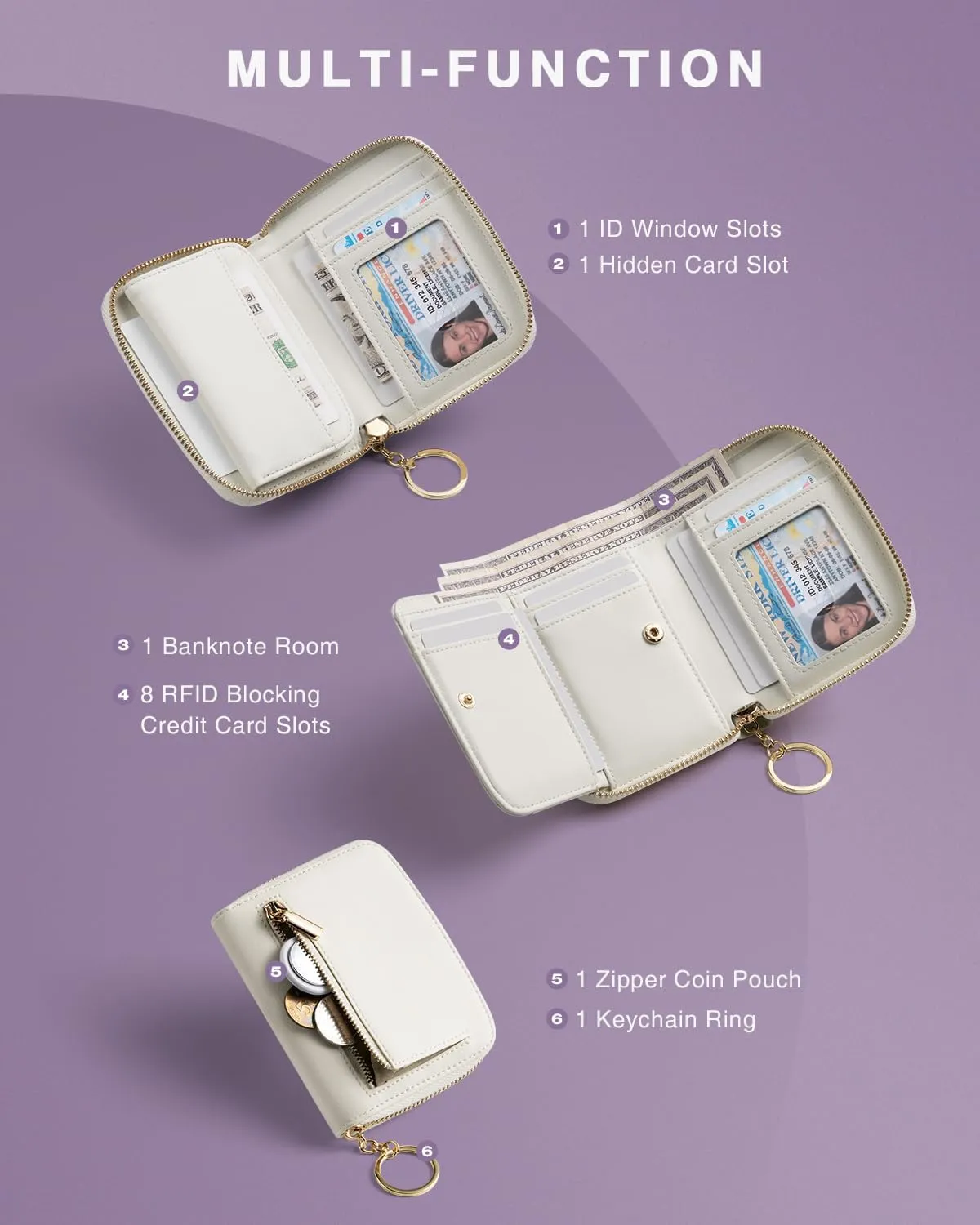 Small Wallet For Women RFID Blocking With Zipper Around Case Trifold Compact Leather Card Purse with Coin Pocket White