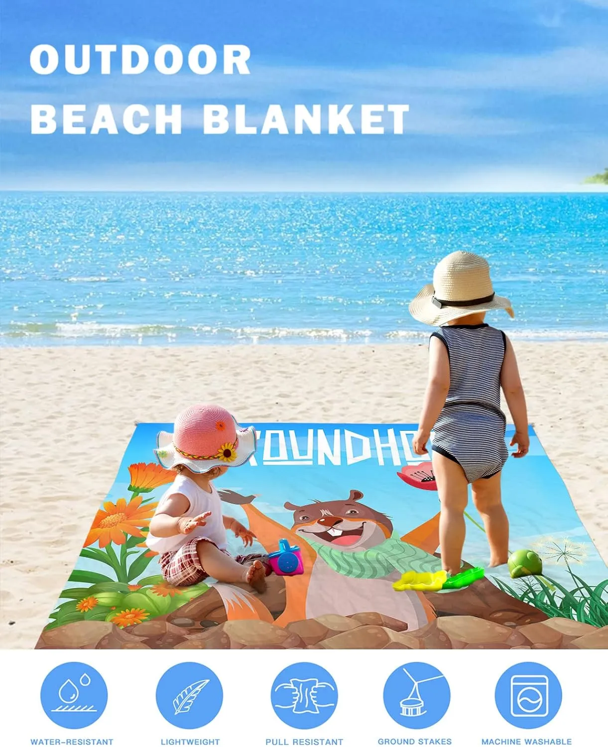 Smile Sunflower Beach Blanket, Happy Groundhog Day Spring Poppy Beach Mat 83"x79" Large Picnic Blanket,Sandproof Waterproof Outdoor Beach Blankets for Travel Camping Hiking Beach Vacation