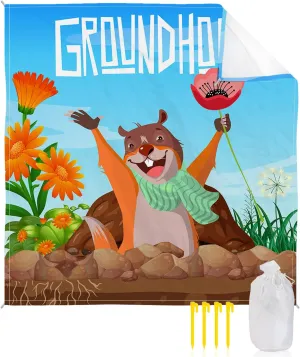Smile Sunflower Beach Blanket, Happy Groundhog Day Spring Poppy Beach Mat 83"x79" Large Picnic Blanket,Sandproof Waterproof Outdoor Beach Blankets for Travel Camping Hiking Beach Vacation