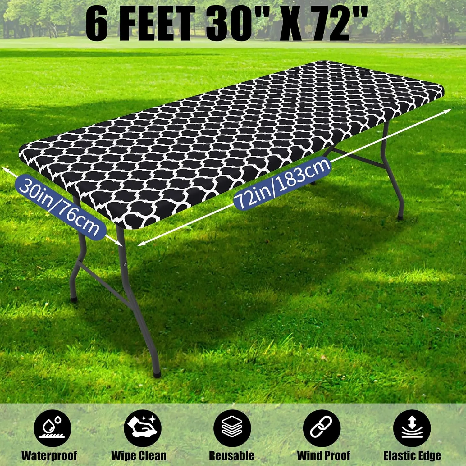 Smiry 2 Pack Rectangle Table Cloth 6 Foot, Waterproof Elastic Fitted Tablecloths, Windproof Washable Polyester Table Cover for Picnic, Camping, Outdoor (Black, 30"x72")