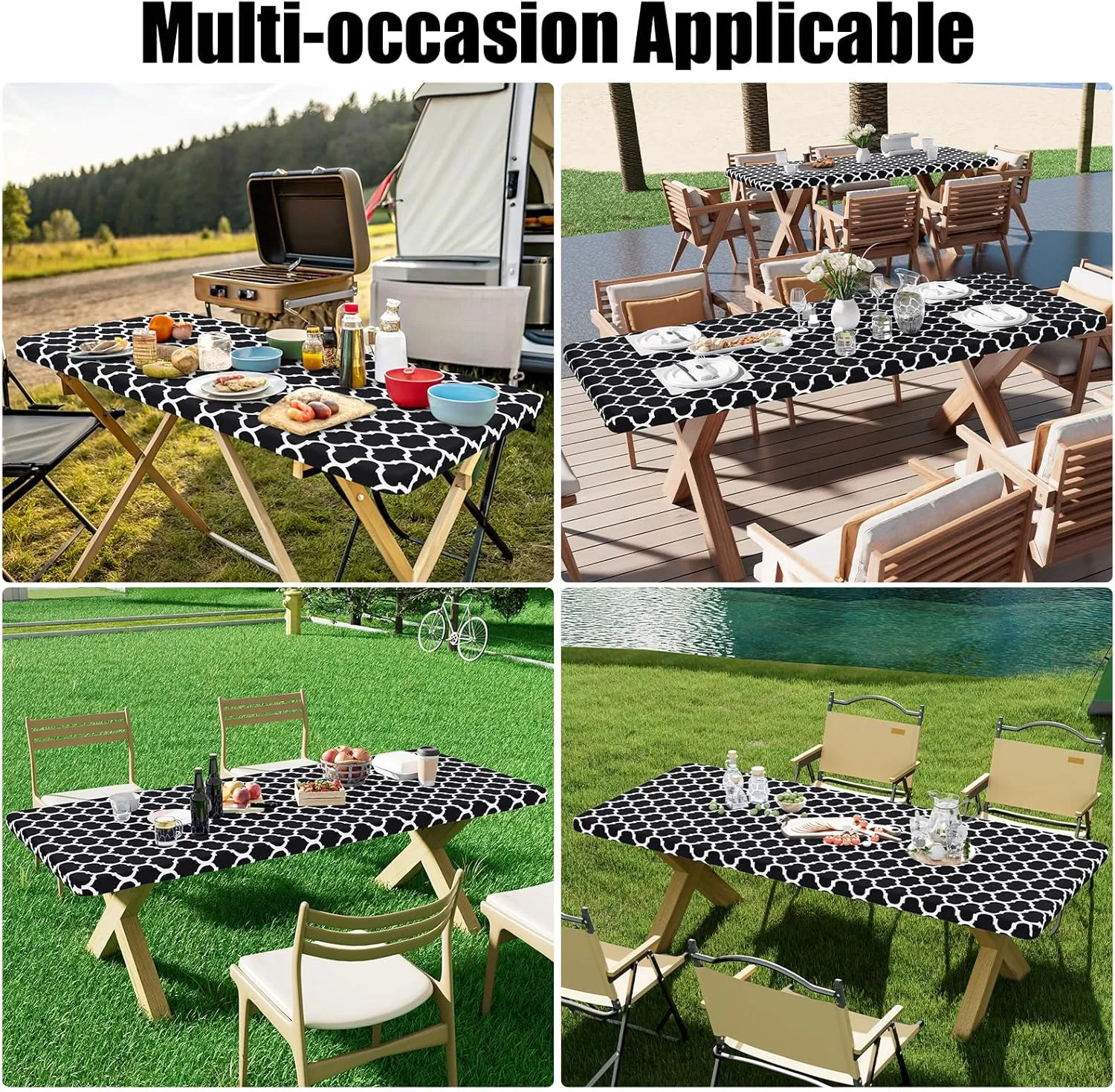 Smiry 2 Pack Rectangle Table Cloth 6 Foot, Waterproof Elastic Fitted Tablecloths, Windproof Washable Polyester Table Cover for Picnic, Camping, Outdoor (Black, 30"x72")