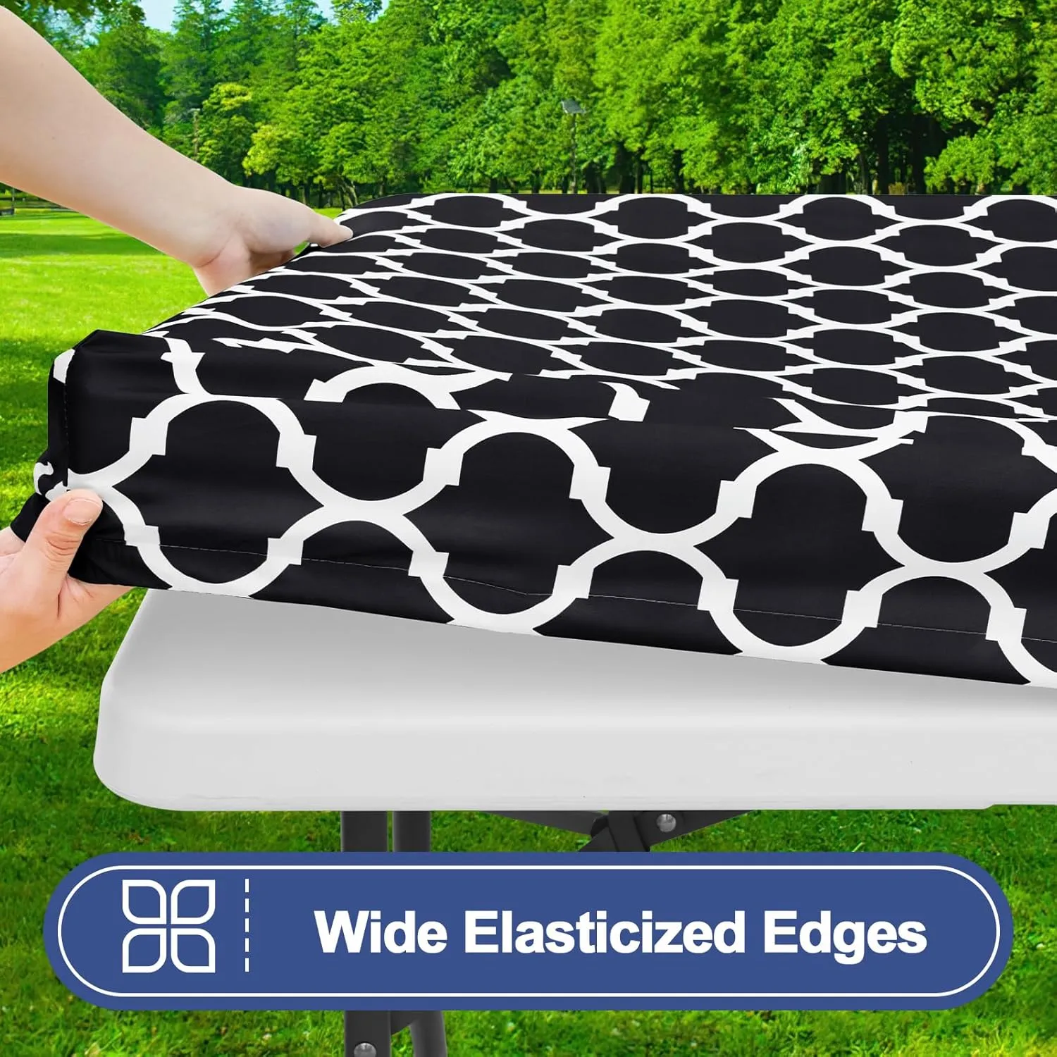 Smiry 2 Pack Rectangle Table Cloth 6 Foot, Waterproof Elastic Fitted Tablecloths, Windproof Washable Polyester Table Cover for Picnic, Camping, Outdoor (Black, 30"x72")