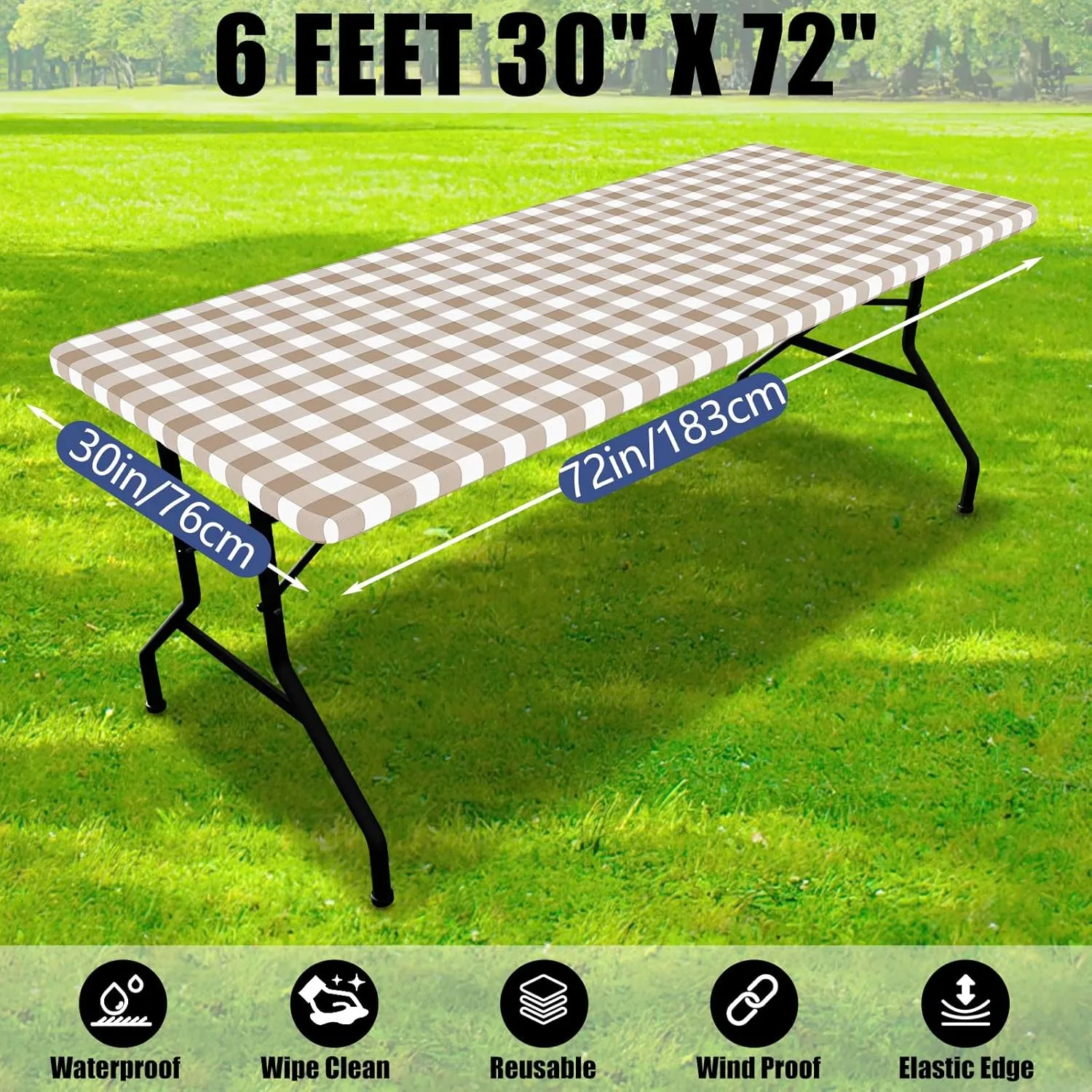 Smiry Picnic Table Cloth 2 Pack, Waterproof Elastic Fitted Tablecloths for 6FT Rectangle Tables, Washable Polyester Buffalo Plaid Tablecloth for Camping, Dining & Outdoor (Khaki & White, 30" x 72")