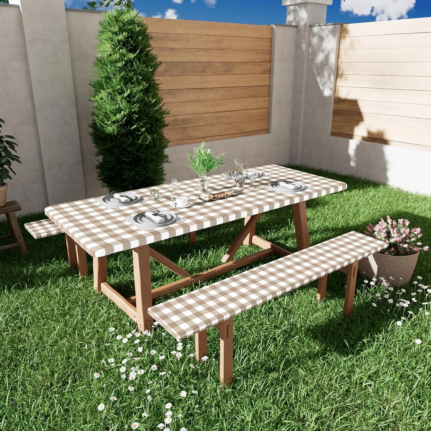 Smiry Picnic Table Cloth 2 Pack, Waterproof Elastic Fitted Tablecloths for 6FT Rectangle Tables, Washable Polyester Buffalo Plaid Tablecloth for Camping, Dining & Outdoor (Khaki & White, 30" x 72")