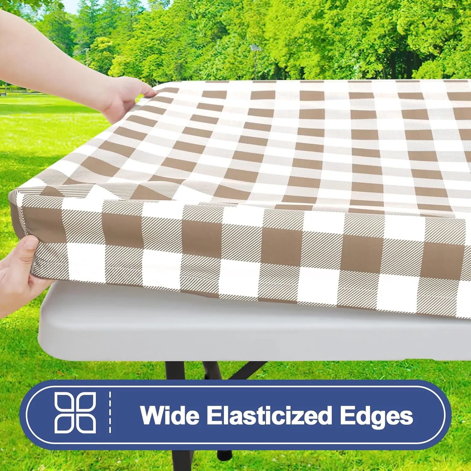 Smiry Picnic Table Cloth 2 Pack, Waterproof Elastic Fitted Tablecloths for 6FT Rectangle Tables, Washable Polyester Buffalo Plaid Tablecloth for Camping, Dining & Outdoor (Khaki & White, 30" x 72")