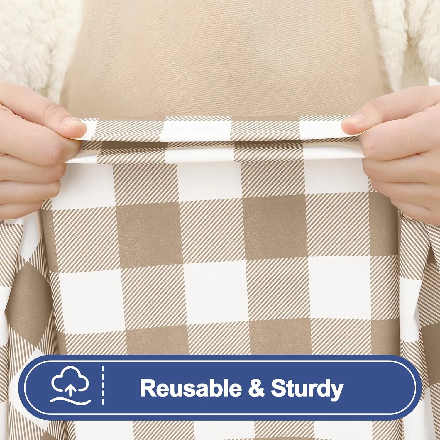 Smiry Picnic Table Cloth 2 Pack, Waterproof Elastic Fitted Tablecloths for 6FT Rectangle Tables, Washable Polyester Buffalo Plaid Tablecloth for Camping, Dining & Outdoor (Khaki & White, 30" x 72")