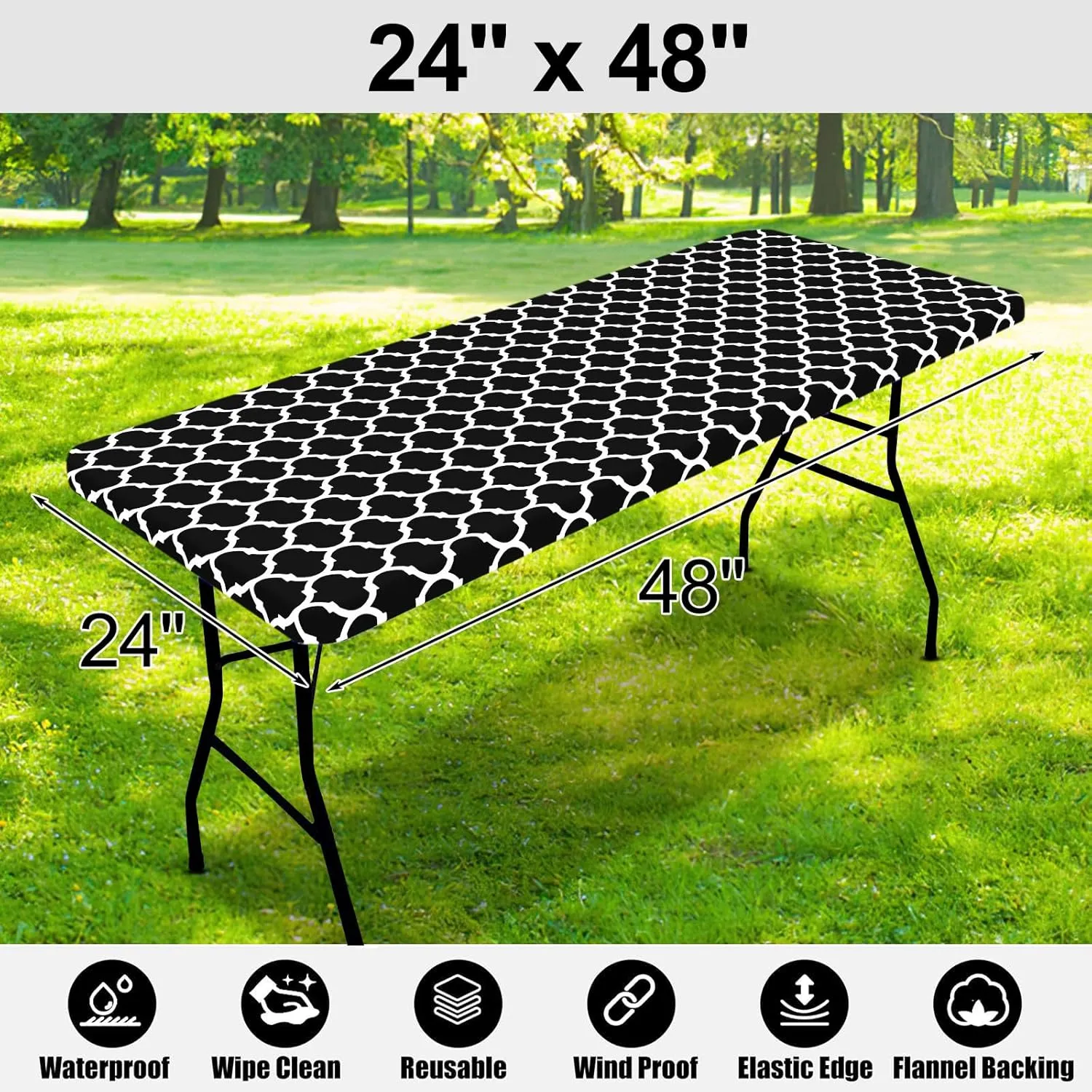 Smiry Rectangle Picnic Table Cover, Waterproof Elastic Fitted Camping Tablecloths for 4 Foot Tables, Wipeable Flannel Backed Vinyl Tablecloth Protector for Indoor, Outdoor (Black, 24x48 Inches)