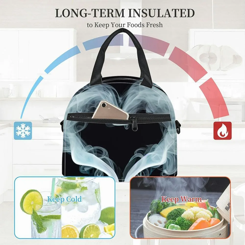 smoky heart beautiful heart made gray smoke a black aesthetics and Insulated Adult Lunch Bag with Shoulder Strap for Women Lightweight Reusable Portable Freezable Lunch Tote Bag for Work Picnic