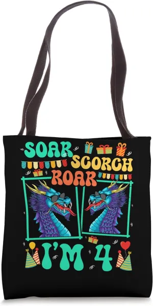 Soar Scorch Roar I'm 4 Dragon Lover Kid 4th Birthday Tote Bag