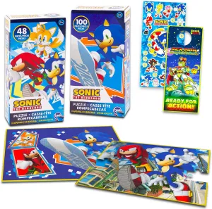 Sonic the Hedgehog Puzzle for Kids, Boys, Girls Set - Bundle with 2 Sonic Puzzles Plus Stickers, More | 48 Pc, 100 Pc Sonic Puzzles for Kids Ages 4-8