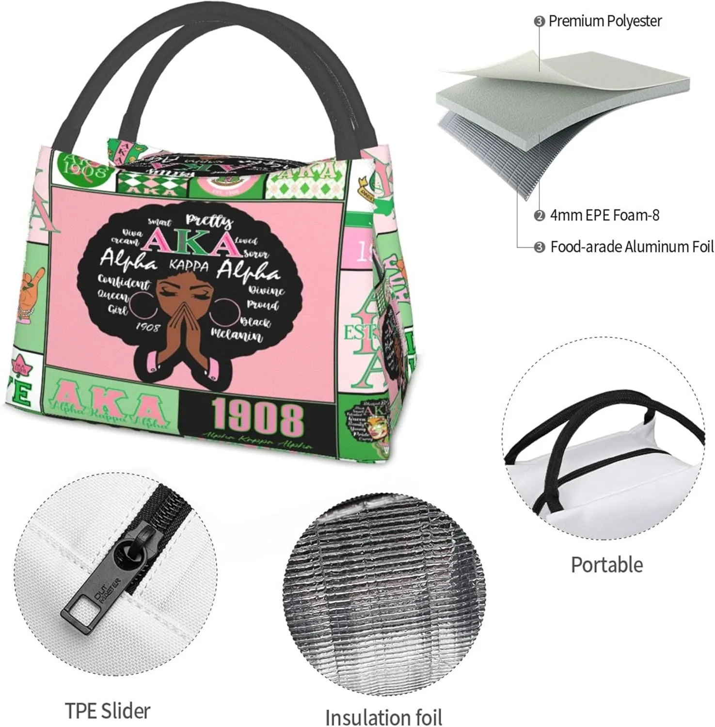 Sorority Gifts Unisex Lunch Box Large Capacity Cooler Insulated Reusable Portable Travel Picnic Lunch Tote Bags, style-9