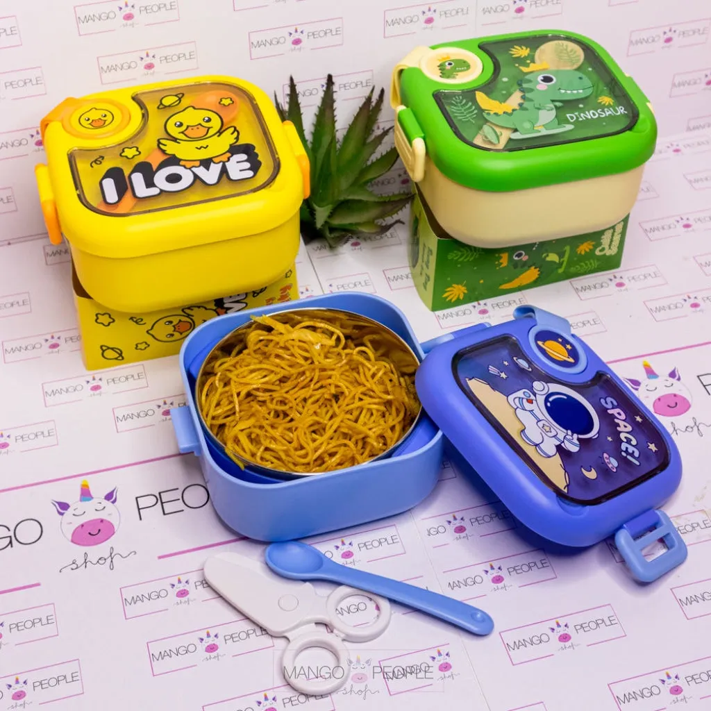 Space/Unicorn/Dino/Duck Printed Square Kids Lunch Box with Spoon And Scissor- 750 ml