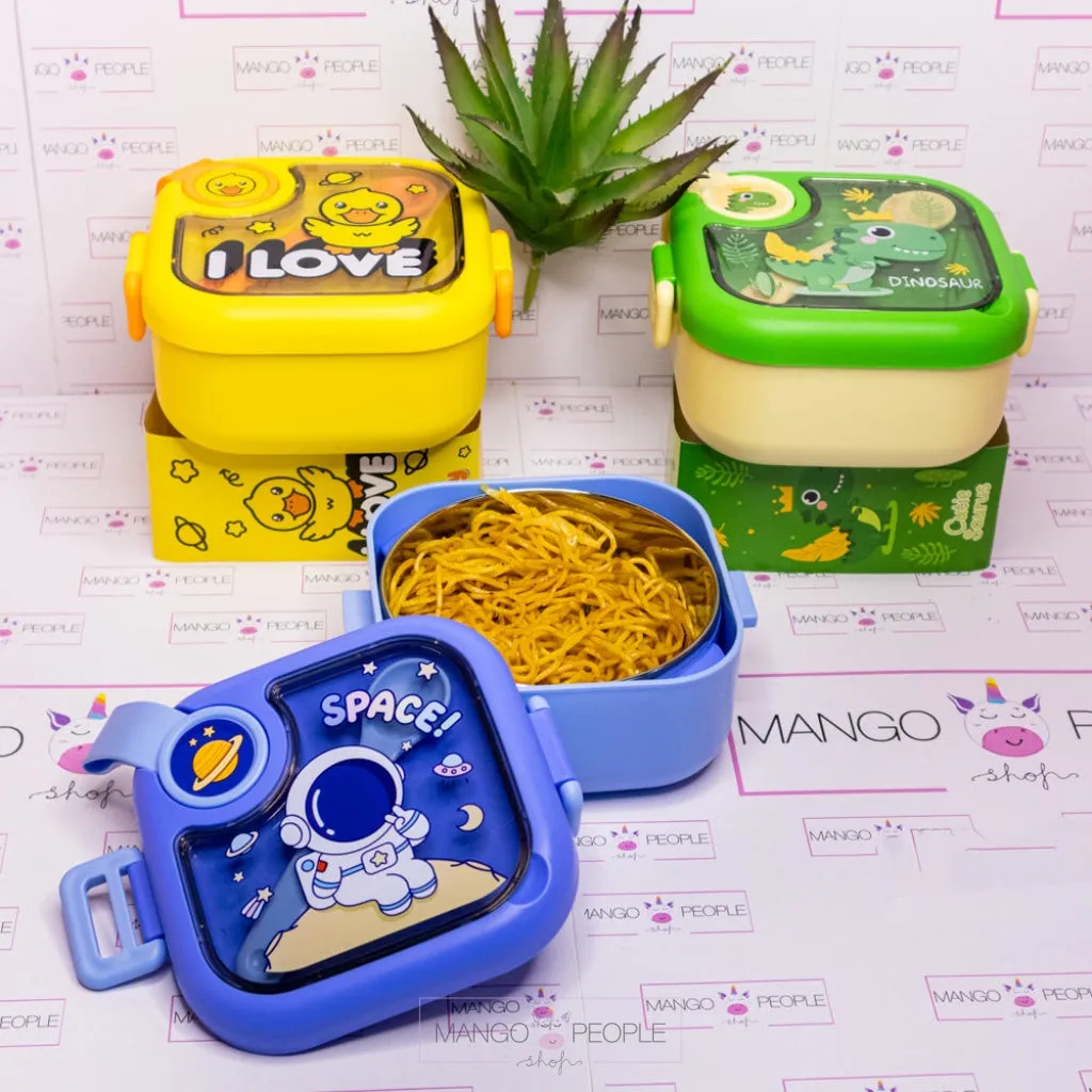 Space/Unicorn/Dino/Duck Printed Square Kids Lunch Box with Spoon And Scissor- 750 ml