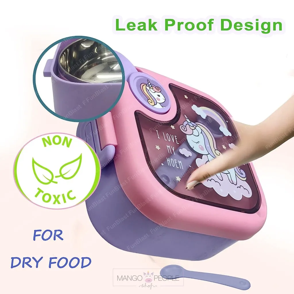 Space/Unicorn/Dino/Duck Printed Square Kids Lunch Box with Spoon And Scissor- 750 ml