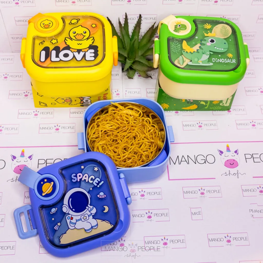 Space/Unicorn/Dino/Duck Printed Square Kids Lunch Box with Spoon And Scissor- 750 ml