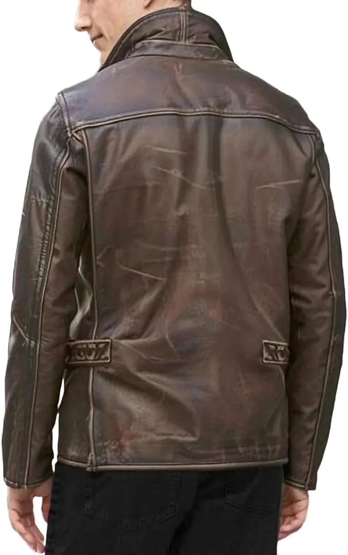 SpazeUp Men's Lambskin Leather Jacket - Distressed Brown Leather Motorcycle Jacket Men