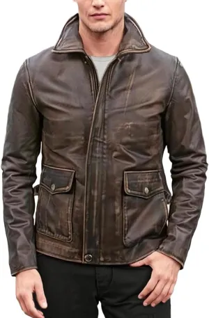 SpazeUp Men's Lambskin Leather Jacket - Distressed Brown Leather Motorcycle Jacket Men