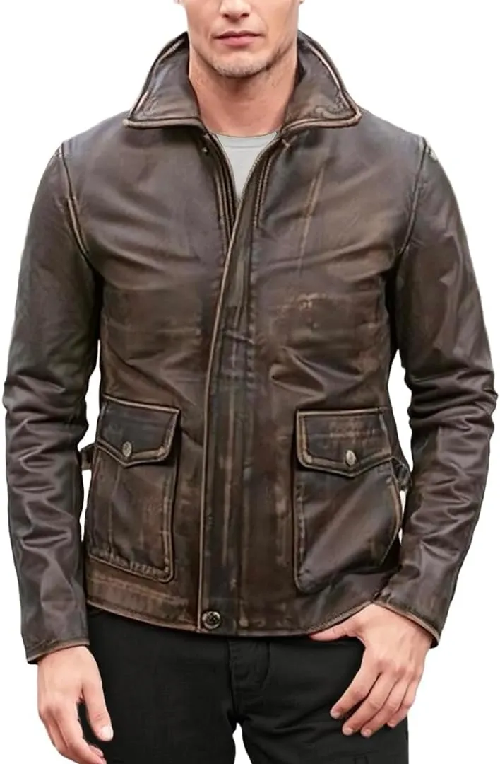 SpazeUp Men's Lambskin Leather Jacket - Distressed Brown Leather Motorcycle Jacket Men