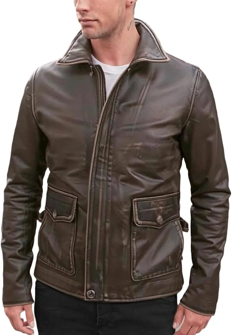 SpazeUp Men's Lambskin Leather Jacket - Distressed Brown Leather Motorcycle Jacket Men